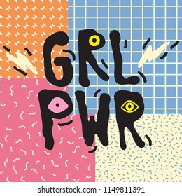 GRL PWR short quote. Girl Power cute hand drawing illustration for print, brochure, greeting card, bag, clothing. To stick on laptop, phone, wall. Modern motivational text, feminist tattoo trend