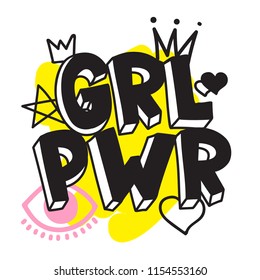 GRL PWR short quote. Girl Power cute hand drawing illustration for print, brochure, greeting card, bag, clothing. To stick on laptop, phone, wall. Modern motivational text, feminist tattoo trend
