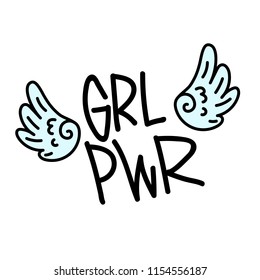 GRL PWR short quote. Girl Power cute hand drawing illustration for print, brochure, greeting card, bag, clothing. To stick on laptop, phone, wall. Modern motivational text, feminist tattoo trend