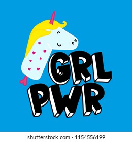 GRL PWR short quote. Girl Power cute hand drawing illustration for print, brochure, greeting card, bag, clothing. To stick on laptop, phone, wall. Modern motivational text, feminist tattoo trend