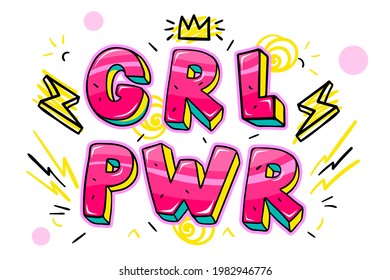 GRL PWR short quote. Girl Power cute lettering illustration for print, brochure, greeting card, bag, clothing. To stick on laptop, phone, wall. Modern motivational text, feminist tattoo trend