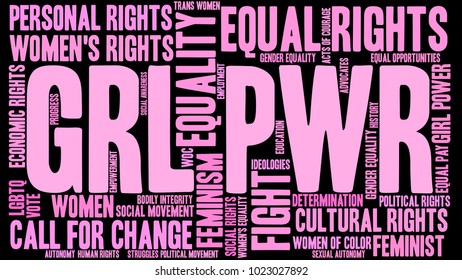 GRL PWR word cloud on a black background. 