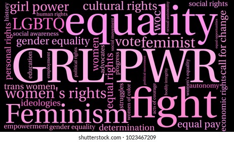 GRL PWR word cloud on a black background. 