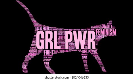 GRL PWR word cloud on a black background. 