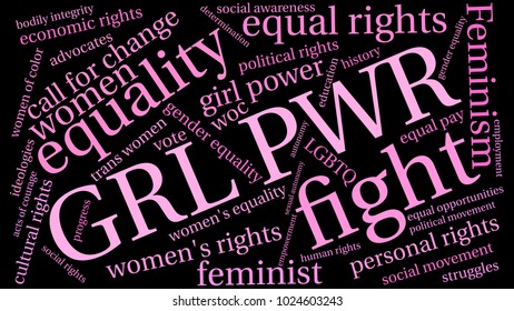 GRL PWR word cloud on a black background. 