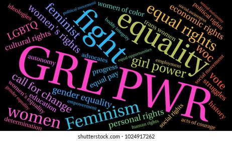 GRL PWR word cloud on a black background. 
