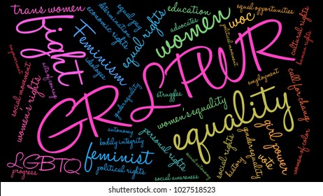 GRL PWR word cloud on a black background. 