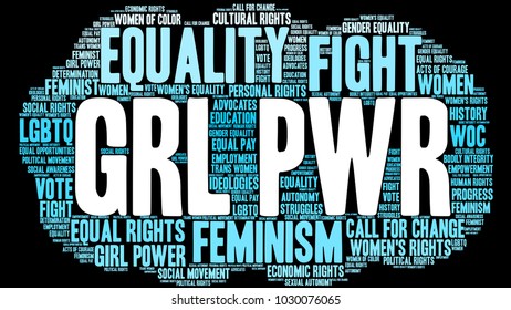 GRL PWR word cloud on a black background. 