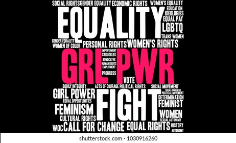 GRL PWR word cloud on a black background. 