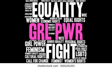 GRL PWR word cloud on a black background. 