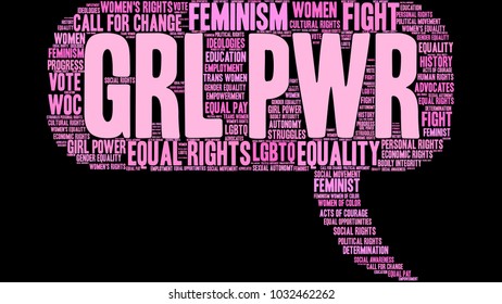 GRL PWR word cloud on a black background. 