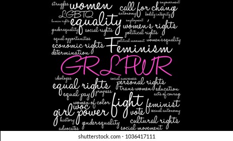 GRL PWR word cloud on a black background. 
