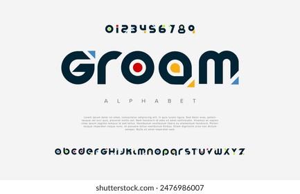 Groam creative geometric modern urban alphabet font. Digital abstract futuristic, fashion, sport, minimal technology typography. Simple numeric vector illustration