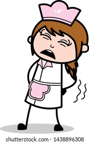 Groaning in Backache - Retro Cartoon Waitress Female Chef Vector Illustration