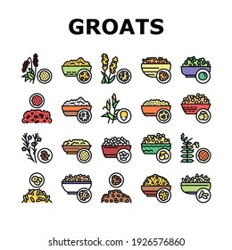 Groats Natural Food Collection Icons Set Vector. Amaranth And Artek, Rice And Corn, Beans And Couscous, Peas And Quinoa Groats Concept Linear Pictograms. Contour Color Illustrations