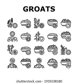 Groats Natural Food Collection Icons Set Vector. Amaranth And Artek, Rice And Corn, Beans And Couscous, Peas And Quinoa Groats Black Contour Illustrations