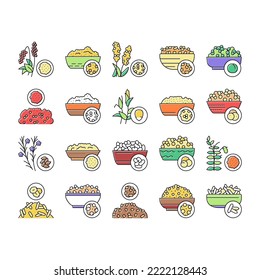 Groats Natural Food Collection Icons Set Vector. Amaranth And Artek, Rice And Corn, Beans And Couscous, Peas And Quinoa Groats Concept Linear Pictograms. Contour Color Illustrations