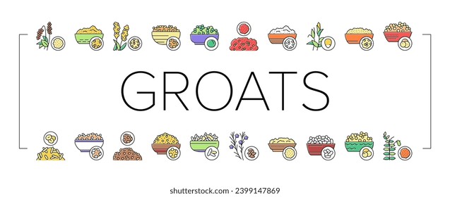 Groats Natural Food Collection Icons Set Vector. Amaranth And Artek, Rice And Corn, Beans And Couscous, Peas And Quinoa Groats Concept Linear Pictograms. Contour Color Illustrations