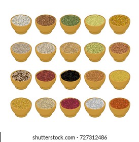 Groats in wooden bowl set. Rice and lentils. Red beans and peas. Corn and barley gritz. Millet and cuscus. Oat and buckwheat. Bulgur and wheat. Grain on white background. Vector illustration