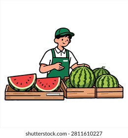 Grocer preparing sliced watermelon at fruit stall with watermelon salesman agriculture business