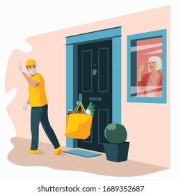 Groceries in bag left at front door. Safe contactless delivery to home to prevent the spread of the corona virus. Concept of senior citizens in quarantine vector illustration. Old woman at window.