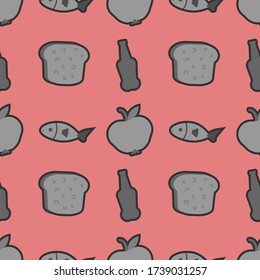 Groceries bread, beer, fish, apple seamless pattern on a pink background. Vector illustration.