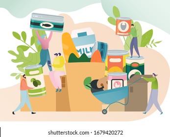 Groceries and canned food concept, tiny people pack products in bags, vector illustration. Men and women cartoon characters in flat style, food donation campaign, supermarket sale product shopping