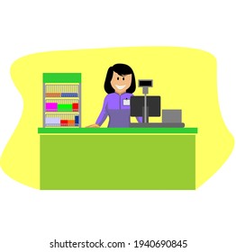 Groceries cashier at work. female checkout cashier with foods against shelves with goods. vector illustration in flat style.