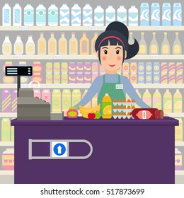 Groceries cashier at work. Female checkout cashier with foods against shelves with goods. EPS10 vector illustration in flat style.