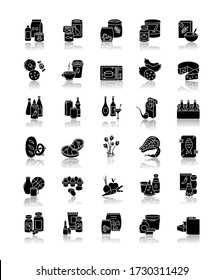 Groceries category drop shadow black glyph icons set. Supermarket food sections. Drink products for ecommerce and retail. Miscellaneous goods for shop. Isolated vector illustrations on white space
