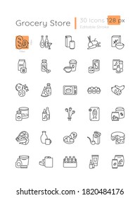 Groceries category linear icons set. Online shopping for food. Store product. Customizable thin line contour symbols. Isolated vector outline 128 x 128 px illustrations. Editable stroke