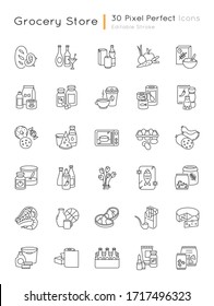 Groceries category pixel perfect linear icons set. Various supermarket food sections. Drink products. Customizable thin line contour symbols. Isolated vector outline illustrations. Editable stroke