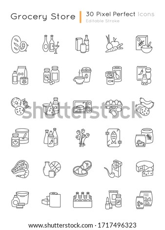 Groceries category pixel perfect linear icons set. Various supermarket food sections. Drink products. Customizable thin line contour symbols. Isolated vector outline illustrations. Editable stroke