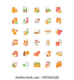 Groceries category vector flat color icon set. Supermarket food. Drink products. Store supplies. Miscellaneous shop goods. Cartoon style clip art for mobile app pack. Isolated RGB illustration bundle