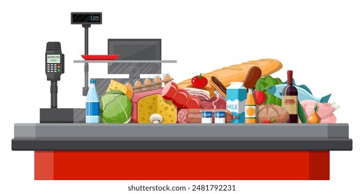 Groceries in checkout counter. Grocery store collection. Supermarket. Fresh organic food drinks. Milk, vegetables meat chicken cheese sausages, wine fruits, fish cereal juice. Flat vector illustration