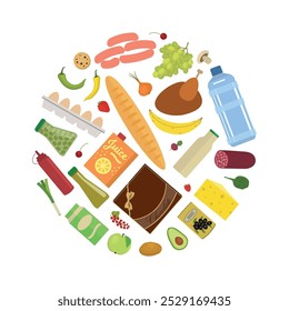 Groceries in a Circle. Round Frame of Products. Bread Sausage Eggs Milk Water Cheese Vegetables Fruit Chocolate Chicken and Other. Set. Food Vector Illustration on White Background 