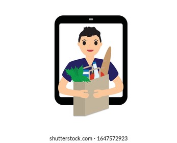 Groceries Delivery Boy Holding Paper Bag, Getting Out of a Tablet