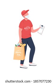 Groceries Delivery Carrier In Mask Flat Color Vector Faceless Character. Online Order In Package. Courier With Clipboard Isolated Cartoon Illustration For Web Graphic Design And Animation