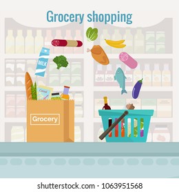 Groceries falling from a shopping basket into a paper bag. Vector illustration flat design.