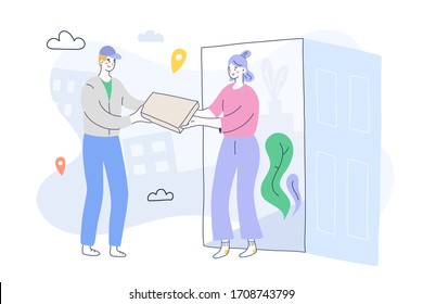 Groceries and Food Delivery for customers, courier, delivery man giving parcel to the client, online orders during quarantine and self-isolation period, woman receiving her order