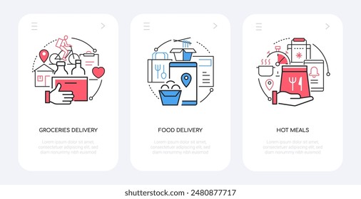 Groceries and food delivery - line design style banners set with place for text. Courier on a bike, an application for ordering, a menu to choose from, takeaways, fast and tasty, ready meals idea