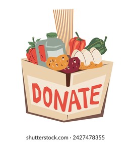 Groceries in food donation box, isolated on white flat vector illustration. Food for the homeless and those in need in donation box.