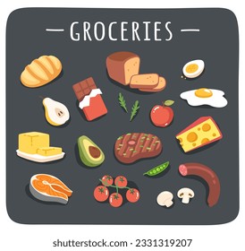 Groceries food products set sticker. Shopping supermarket fruits, vegetables, fish, cheese, meat, egg, apple, sausage shop assortment. Retail store purchase collection. Flat vector illustration