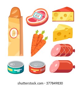 Groceries. Fresh And Cooked Meat, Cheese, And Canned Food. Modern Flat Style Realistic Vector Illustration Icons Isolated On White Background.