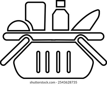 Lebensmittelsymbol. Voller Warenkorb mit Lebensmitteln, Lebensmitteleinkaufssymbole, Vektorgrafik-Design-Elemente, Moderner Bauernhof und Landwirtschaft Lebensmittelbehälter einzeln auf transparentem Hintergrund, für Lebensmittelthemen, ui.