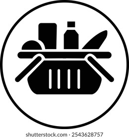 Lebensmittelsymbol. Voller Warenkorb mit Lebensmitteln, Lebensmitteleinkaufssymbole, Vektorgrafik-Design-Elemente, Moderner Bauernhof und Landwirtschaft Lebensmittelbehälter einzeln auf transparentem Hintergrund, für Lebensmittelthemen, ui.