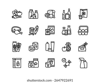 Groceries Icon Set: Fresh Produce, Dairy, Snacks, Meats, Condiments, Beverages, Baby Food, Household Items – Vector Icons for E-commerce, Food Delivery and Grocery Apps