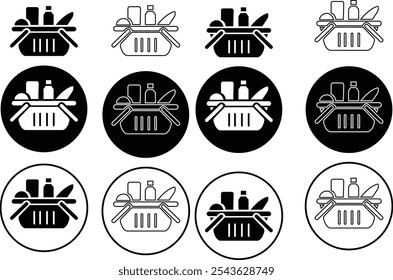 Symbolsatz für Lebensmittel. Voller Warenkorb mit Lebensmitteln, Lebensmitteleinkaufssymbole, Vektorgrafik-Design-Elemente, Moderner Bauernhof und Landwirtschaft Lebensmittelbehälter einzeln auf transparentem Hintergrund, für Lebensmittelthemen, ui.