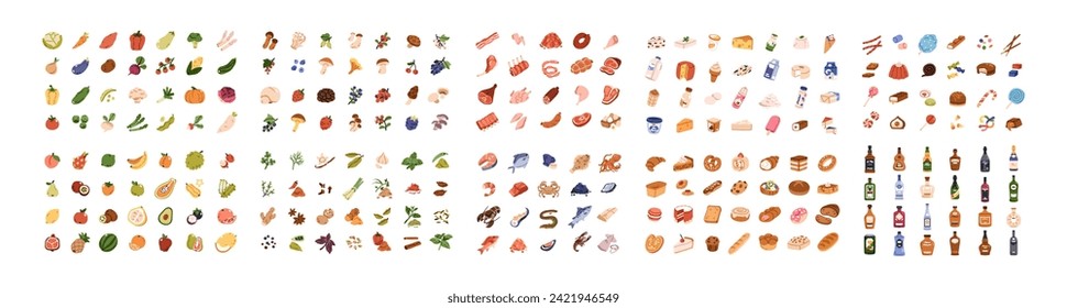 Groceries icons set. Food products bundle. Vegetables, fruits, meat, fish, bakery, sweet confectionery, dairy, spirits, alcohol. Flat graphic vector illustrations isolated on white background