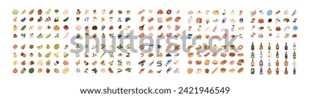 Groceries icons set. Food products bundle. Vegetables, fruits, meat, fish, bakery, sweet confectionery, dairy, spirits, alcohol. Flat graphic vector illustrations isolated on white background